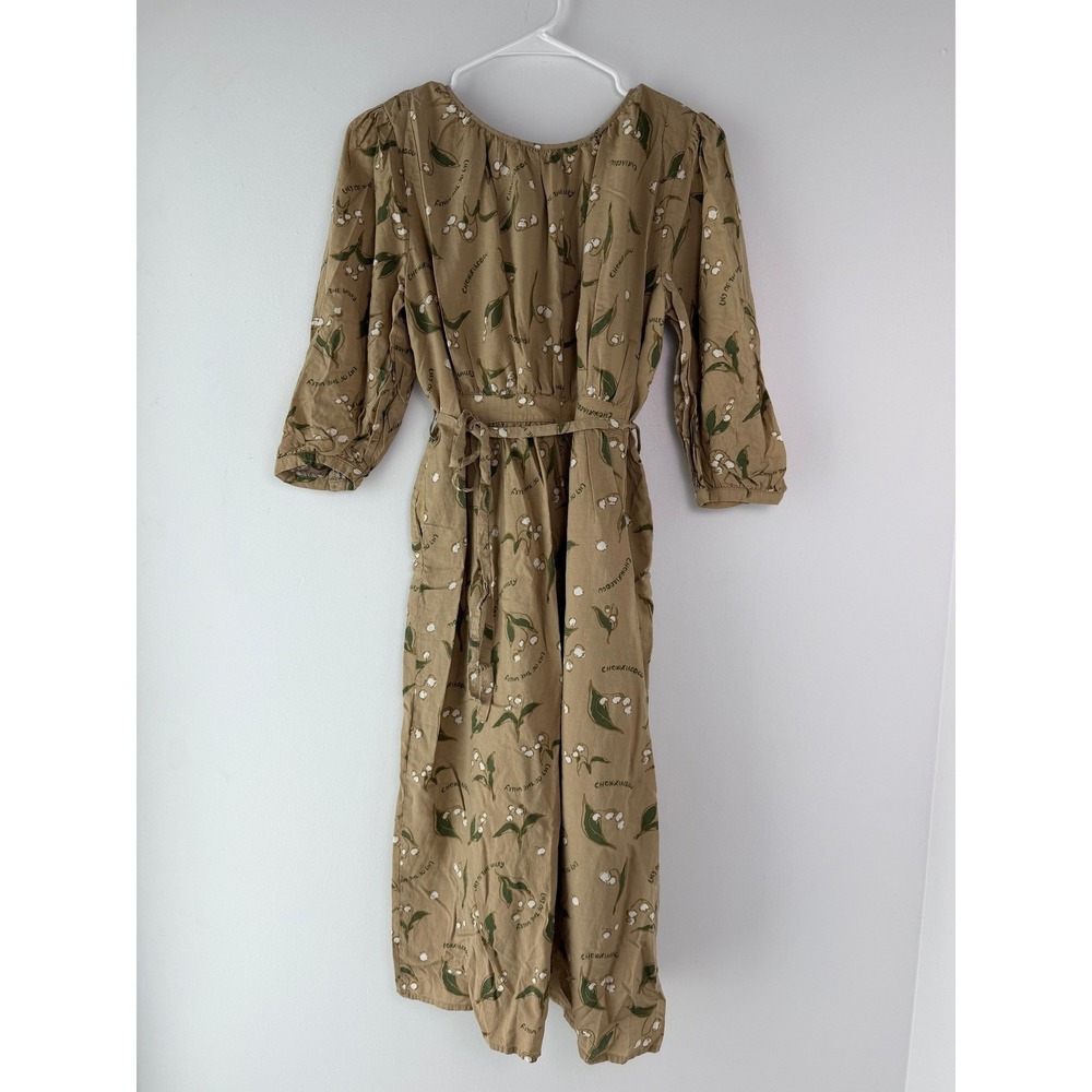 Cottagecore Chic Midi Linen Blend Simple Retro Tan Floral Puff Sleeve Dress S
